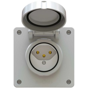 Prise apparente Type13, IP55, gris clair avec couvercle à charnière ouvert.