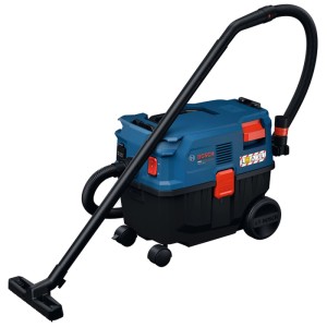 Aspirateur Bosch Professional GAS 12-25 LS bleu/noir pour eau et poussière avec tuyau, buse et roues.