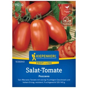 Graines de tomates à salade Kiepenkerl Pozzano, tomates rouges San Marzano sur l'emballage.