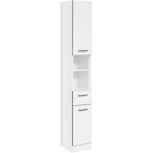 Armoire haute de salle de bain Pelipal Schwerin, blanc, 30 cm de large, avec porte, tiroir et étagères ouvertes.
