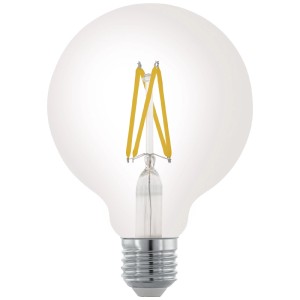Dimmbare E27 LED-Lampe von Eglo, G95 Globe, klares Glas, 7,2W, warmweiß.