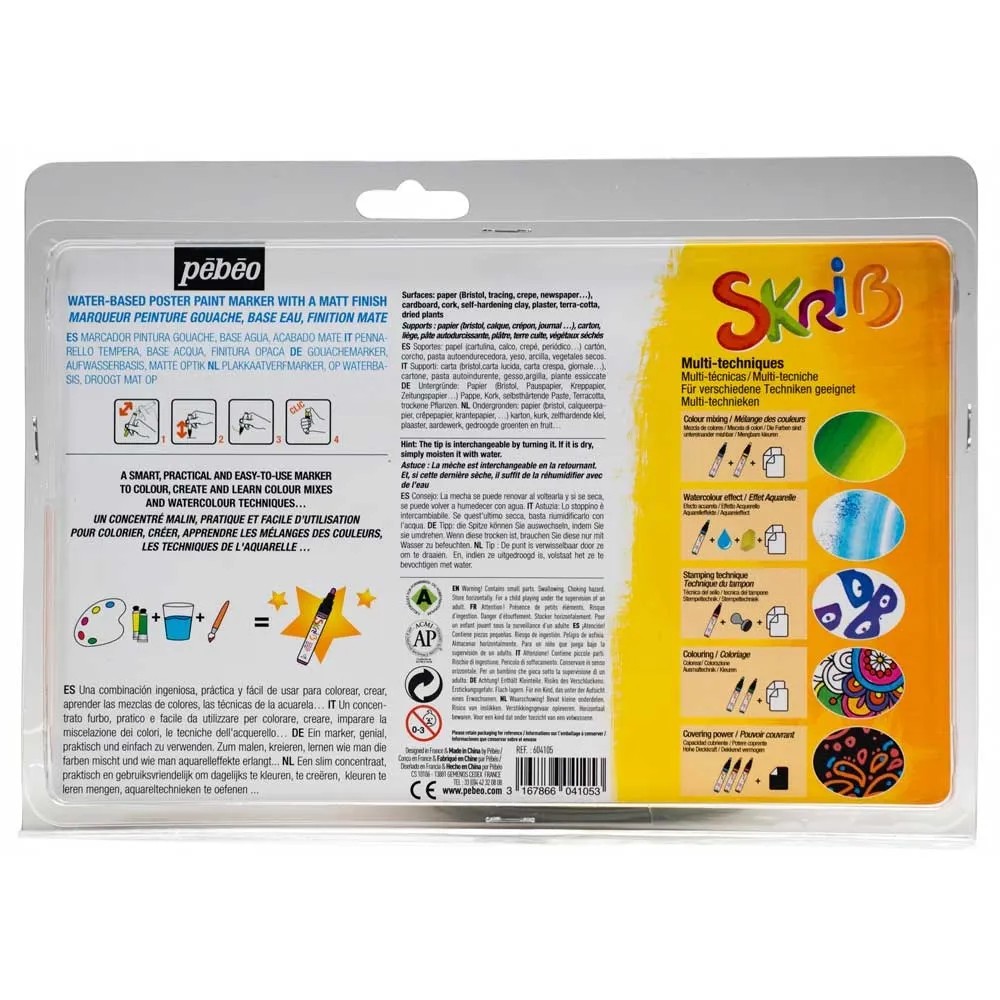 Pébéo Skrib Paint Gouache-Marker Set – 12 Farben, Wasserbasiert, Deckend, Für Papier, Holz & Mehr (ca. 18,3x2,1x25,7 Cm)