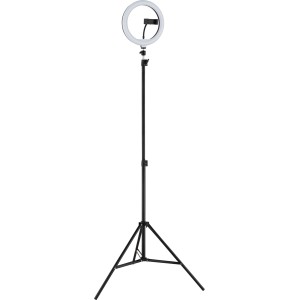 Globo LED-Stehleuchte Delgado, schwarz matt, Ø 63cm, mit Stativ und Handyhalterung.