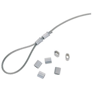 Alu-Pressklemmen 2 mm für Drahtseile. Eine gesicherte Seilschlaufe und lose Klemmen in Silber.