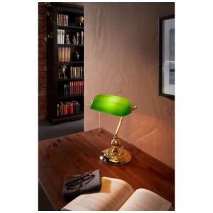 Lampada da tavolo Banker verde in stile Art Déco con base in ottone e interruttore a tirante.