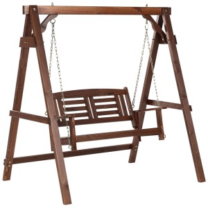 Dondolo Hollywood Nerito in legno di abete scuro con panca a doghe e catene per giardino e terrazza.