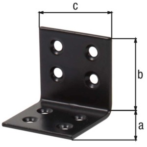 Staffa angolare nera 40x40x40 mm in acciaio zincato Sendzimir, con fori per costruzioni in legno.