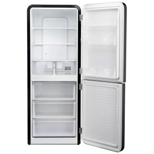 Offener, schwarzer Trisa Retro-Kühlschrank Frescolino Classic mit Fächern und Schubladen.