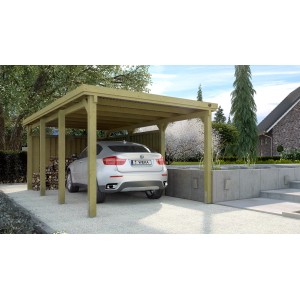 Carport a tetto piatto Weka 617 Gr.2 con pannelli in PVC e auto. Carport singolo in legno con tetto piatto.
