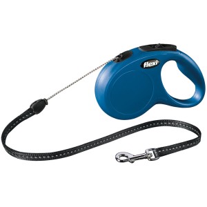 Guinzaglio avvolgibile Flexi New Classic blu, taglia S, 5 m. Guinzaglio per cani con sistema frenante e strisce riflettenti.