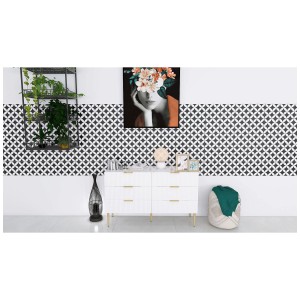 Design parete con piastrelle decorative Casablanca Circle in bianco e nero, look retrò.