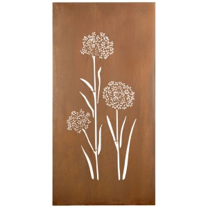 Paravent Nouvel Allium en métal couleur rouille avec motif floral délicat.