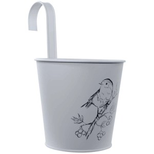 Vaso sospeso in metallo con motivo uccello, bianco, per balcone e giardino.