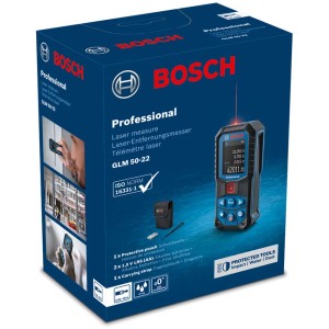 Bosch Professional GLM 50-22 Laser-Entfernungsmesser im Karton mit Zubehör.