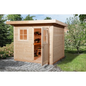 Casetta da giardino in legno Weka non trattato con tetto piatto, 235x280 cm, con porta e finestra aperte.