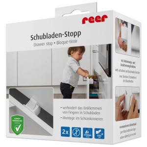 Reer Schubladen-Stopp 2er-Pack: Kindersicherung für Schubladen, verhindert Einklemmen von Fingern.