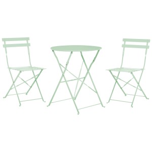 Set bistro Beliani Fiori in metallo verde menta, con tavolo e due sedie per balcone.