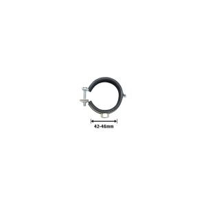 Collare di supporto insonorizzato, Ø 42-46 mm, in acciaio zincato con inserto in gomma e perno filettato.