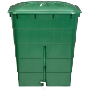 Barile per acqua piovana Garantia verde, quadrato, con volume di 300 l, coperchio e rubinetto.