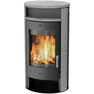 Fireplace Kaminofen Java Speckstein mit Feuer, Teefach und Holzlagerfach.