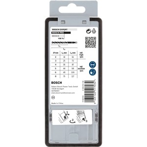Confezione Bosch set punte legno Robust Line, 2-8mm, con dati tecnici, panoramica misure e istruzioni sicurezza.
