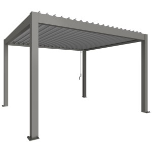 Pergola Biohort 4x3,5 m in grigio quarzo/argento metallizzato. Copertura moderna per patio con lamelle regolabili.