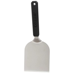 Spatule à griller Cozze en acier inoxydable avec manche noir et boucle de suspension.