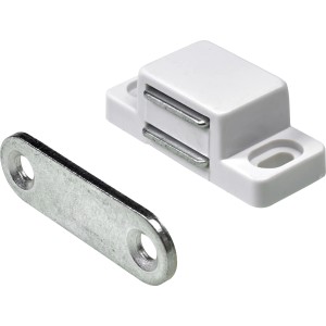 Loquet magnétique Hettich, lot de 4, galvanisé avec plaque en plastique blanche et contre-plaque.