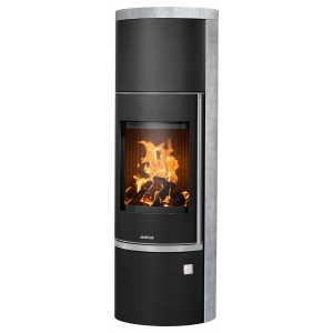Justus Kaminofen Faro W+ 2.0, Stahl/Speckstein, 7kW, EEK A+, mit Feuer im Brennraum.