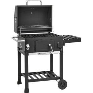 Barbecue à charbon de bois noir Jamestown Jaxon avec couvercle ouvert et grille modulaire.