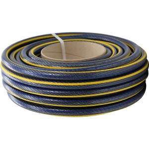 Tuyau d'arrosage LUX-TOOLS PRO enroulé, 13 mm (1/2 pouce), bleu avec des rayures jaunes.