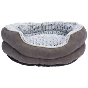 Cesta rotonda in peluche grigio per animali, ideale come letto per gatti o cani.