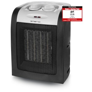 Termoventilatore Emerio PTC 1800W, riscaldatore elettrico compatto bianco e nero con manopole.