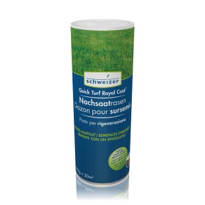 Graines de gazon Schweizer Quick Turf Royal Coat, boîte de 500g pour une pelouse dense.