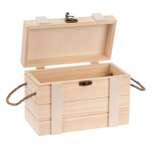 Scrigno Glorex aperto in legno di pino con manici, ideale per l'artigianato e la decorazione.