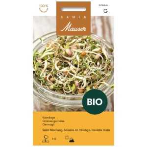 Mix di semi germogliati Mauser, confezione da 50g con germogli in un bicchiere.