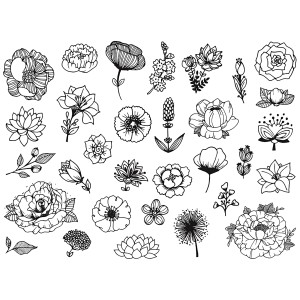 Set di timbri Flowers, 31 pezzi, con motivi floreali e tampone per progetti creativi.