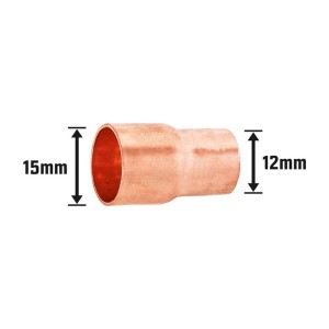 Manicotto di riduzione a saldare in rame, 15 mm x 12 mm, per tubi in rame.