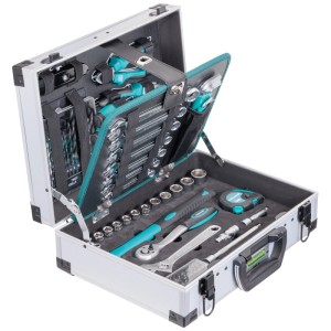 Mallette à outils en aluminium Technocraft Basic 92 pièces ouverte. Jeu d'outils avec clé, marteau, niveau à bulle et plus.