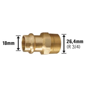 Raccordo a pressare in bronzo rosso, 18 mm x 26,4 mm (R 3/4), per raccordi di tubi in rame.