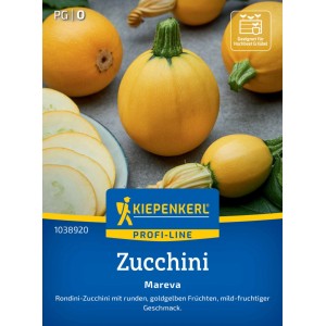 Graines de courgettes Kiepenkerl Mareva F1 : Courgettes rondes, jaunes et tranches de courgettes.