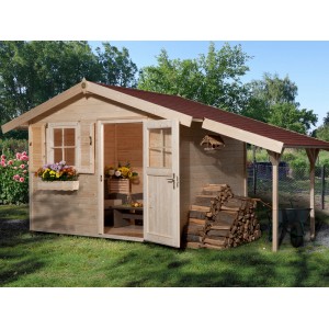 OBI casetta da giardino in legno Bozen con tetto a due falde e annesso, non trattata, 420x270 cm. Ideale per riporre oggetti e come gazebo.