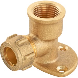 Raccordo a gomito a compressione in ottone, 15 mm x 18,6 mm (Rp 1/2), per installazione tubi in rame.
