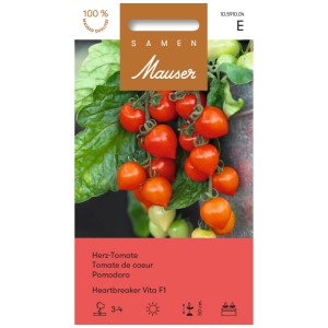 Sachet de graines de tomate cœur Heartbreaker Vita F1 avec des tomates mûres, rouges, en forme de cœur.