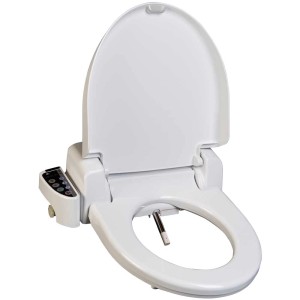 Sedile WC bidet Blooming NB-R770D bianco con coperchio aperto e comandi.