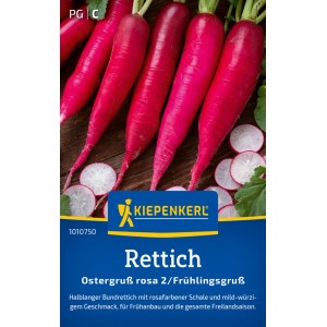 Ravanelli rosa Kiepenkerl Ostergruß, di media lunghezza, su fondo di legno.
