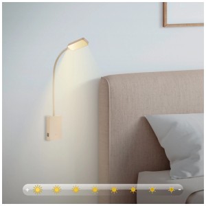 Lampe de lecture sans fil beige Briloner Cielo comme applique murale près du lit, lumière blanche chaude.