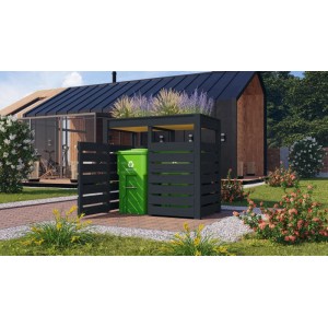 Cache-poubelle Karibu anthracite avec jardinière pour 2 poubelles, avec poubelle verte devant maison moderne.