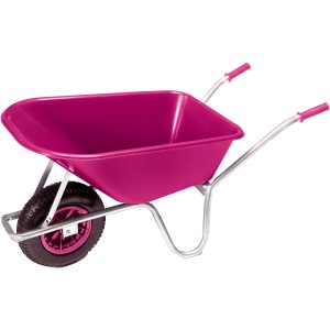 Carriola rosa con vasca da 100 l e portata di 120 kg per lavori di giardinaggio.