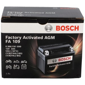Batterie moto Bosch FA109 AGM 3Ah dans sa boîte, convient aux motos, scooters et quads.